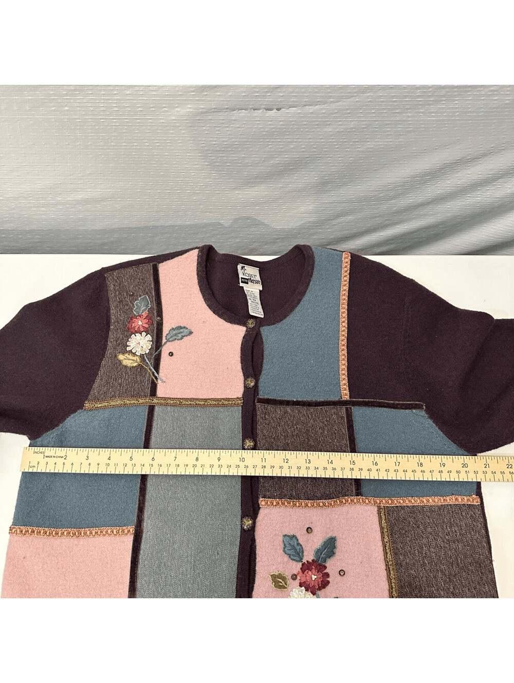 Koret Petite Wool Cardigan Sweater Patchwork Floral Embroidered Cottagecore - Picture 6 of 12